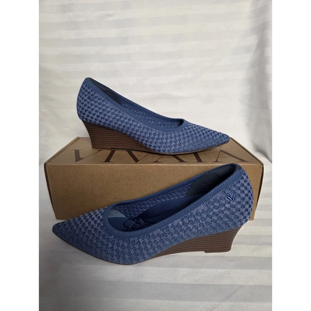 Vivaia Blue Woven Pointed Toe Wedge Pumps Sustainable Knit Shoes Size US 8 EU 39